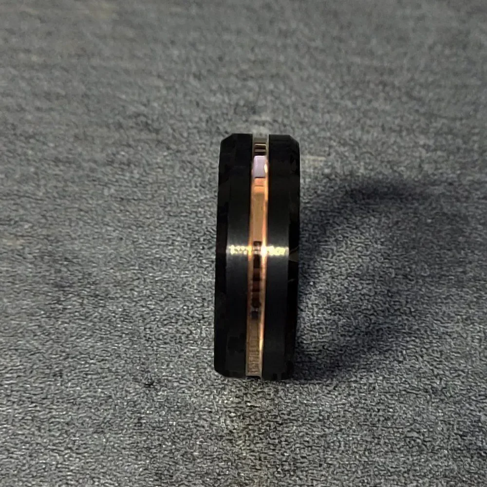 Engraved Men's Real Black Tungsten Wedding Ring With Gold Line Center Groove